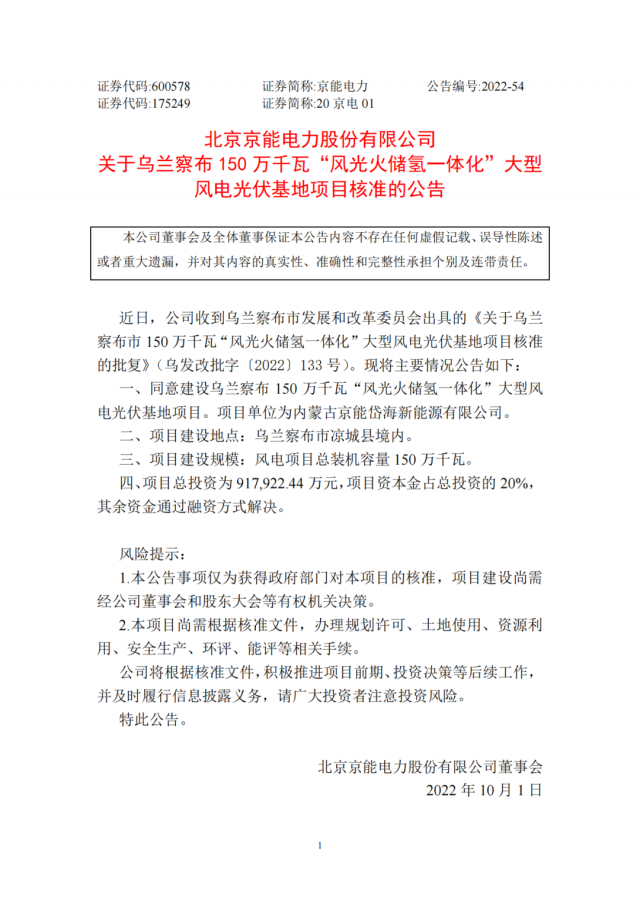 京能電力150萬千瓦“風光火儲氫”基地獲批！