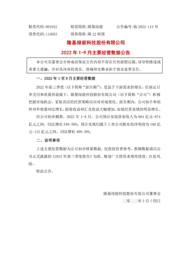 隆基綠能：營收或超864億，預計前三季凈利或在106億元-112億元之間