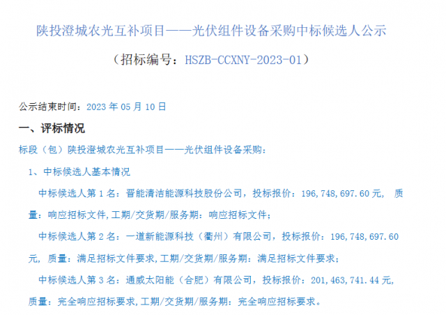 最低1.61元/W！這些企業擬中標陜投澄城農光互補項目組件采購