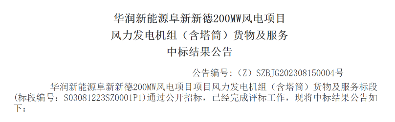 3.5億元！華潤200MW風電項目中標公示