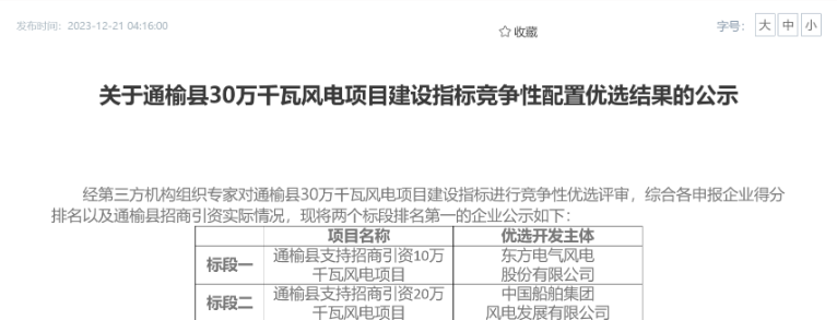 中船風電、東方風電獲風電項目競配指標
